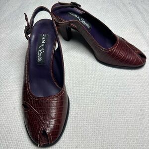 GAMA Studio Women Maroon Croc Embossed Leather Heels Made in Italy Size 8M Strap